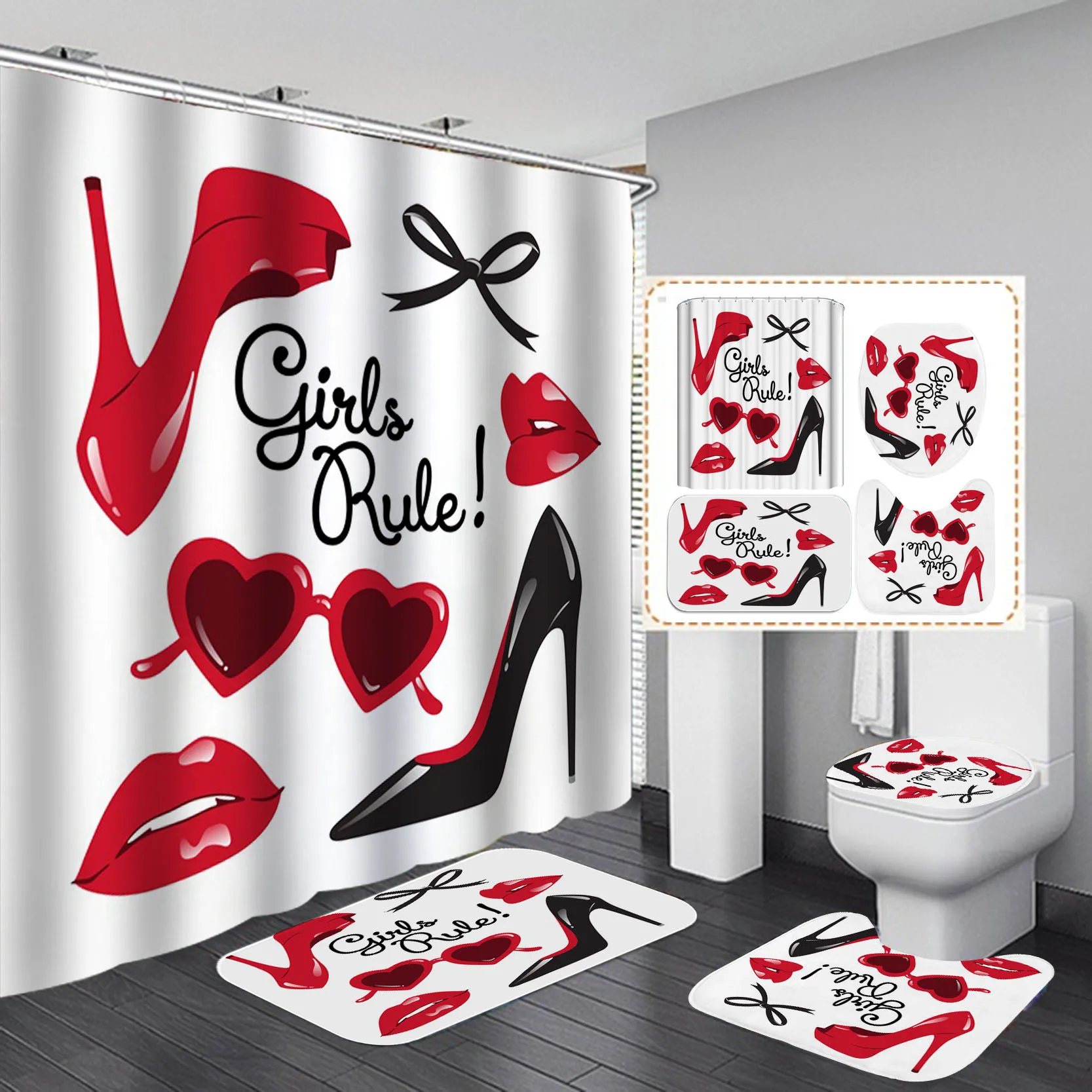 red high heels print shower curtains set cosmo lady style waterproof bath mats rugs for bathroom soft lid cover home decoration free global shipping