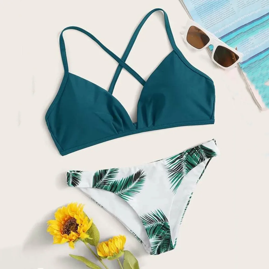 Женский купальник сексуальный с принтом листьев перекрестными ремешками бикини