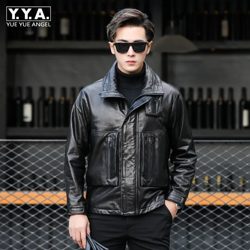 

Designer Men Short Real Leather Sheepskin Biker Coat Loose Zipper Casual Jackets Streetwear Punk Black Short Overcoat Plus Size