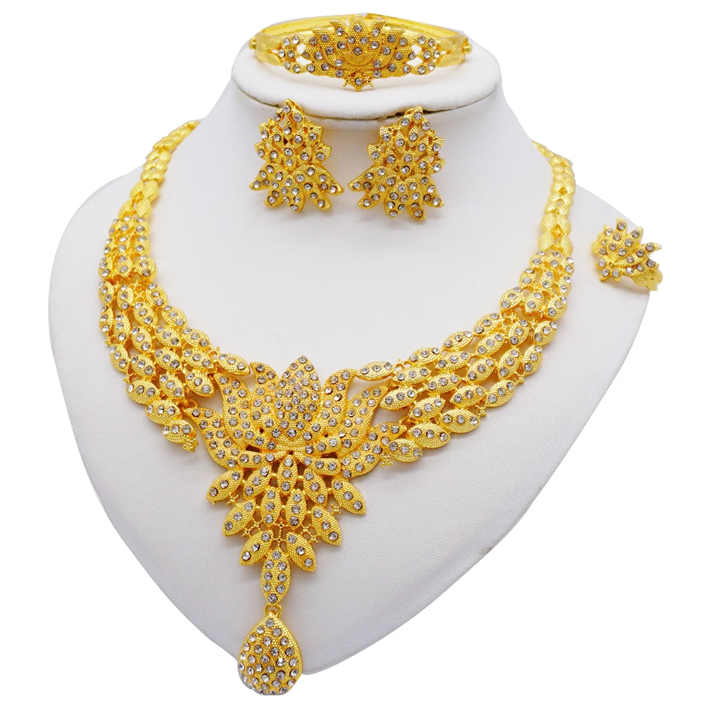 

African 24k Gold Color Jewelry Sets For Women Dubai Bridal Wedding Gifts Choker Necklace Bracelet Earrings Ring Jewellery Set