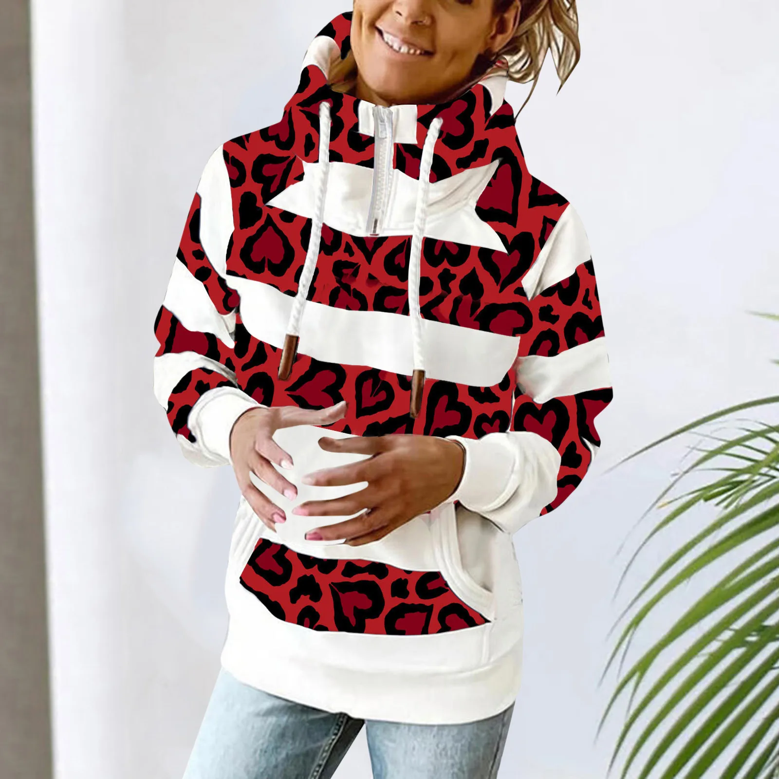 

Женская Осенняя водолазка на молнии с леопардовым принтом и длинным рукавом