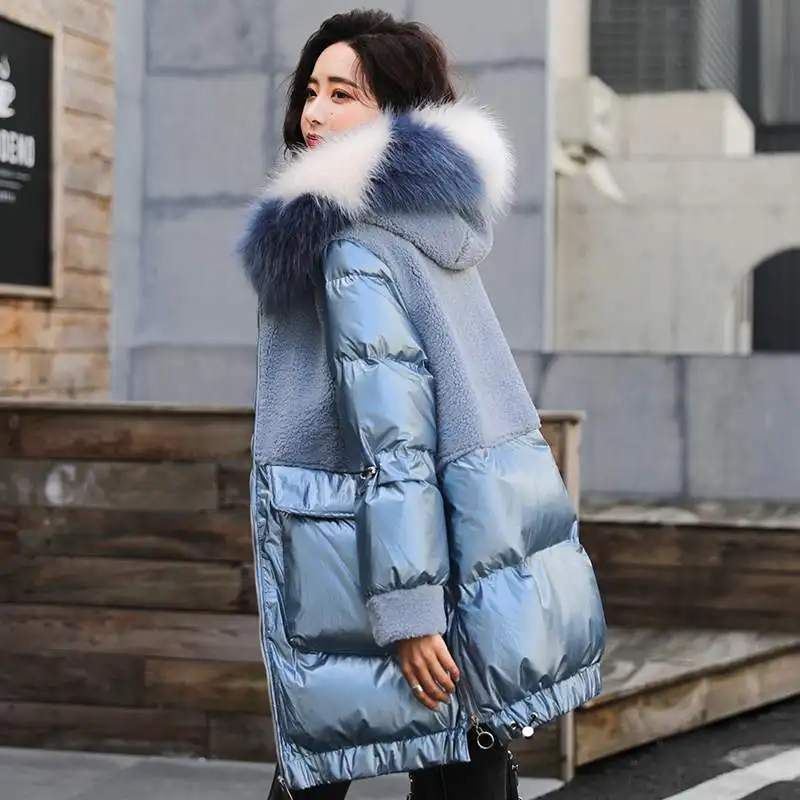 Thick Lamb Wool Stitching Shiny Cotton Coat Mid-Length Women's 2020 New Winter Padded Clothing Down Cotton Coat Female Loose B2