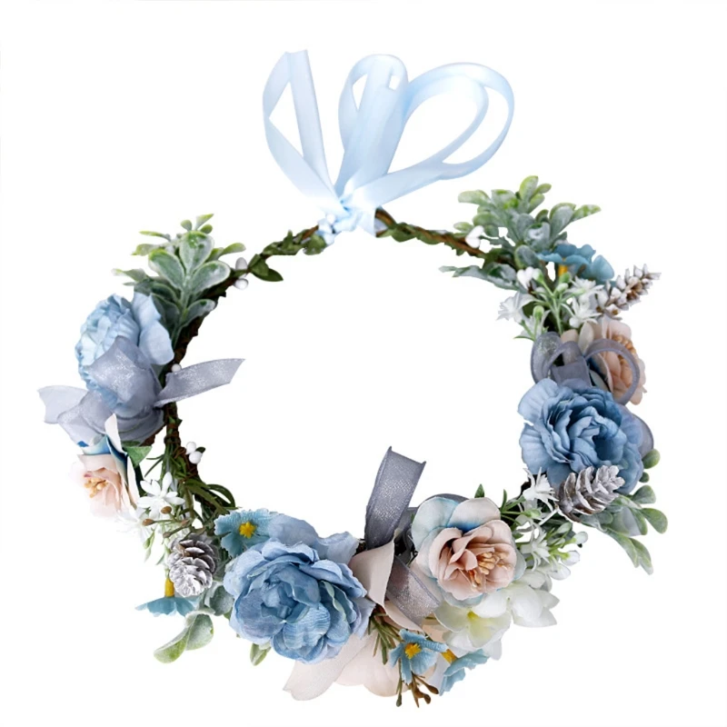 

Boho Beach Holiday Wreath Headband Artificial Blue Flower Crown Halo Garland Fake Eucalyptus Leaves Wedding Headpiece