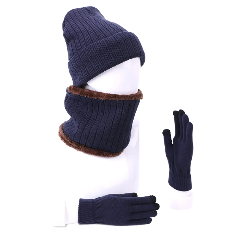 

Зимняя Шапка-бини унисекс с плюшевой подкладкой, 3 шт., круглый шарф, набор перчаток для сенсорного экрана