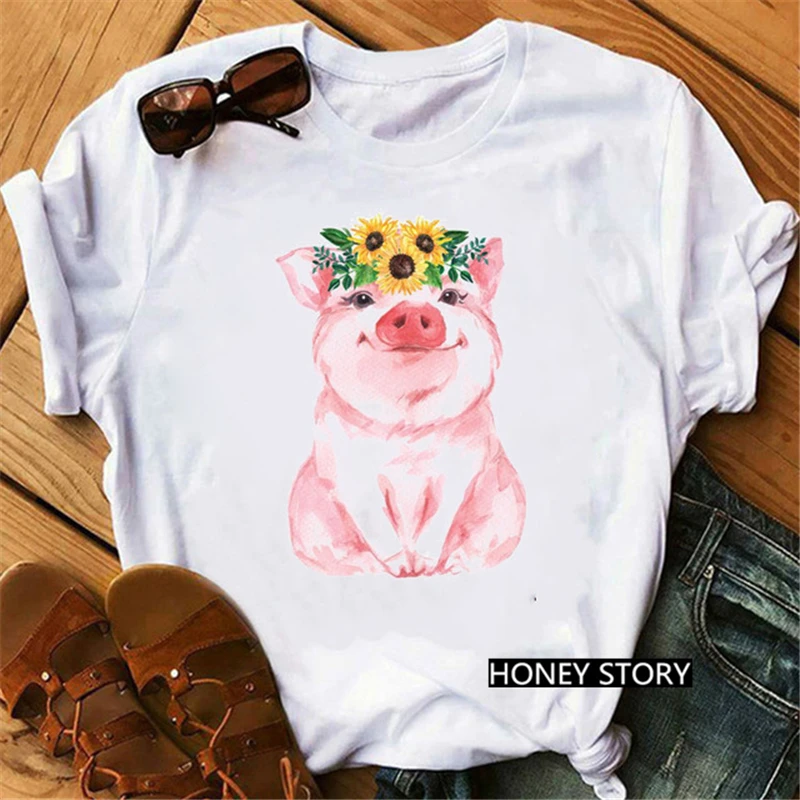 

New Hot Kawaii Cartoon Flower Pig Animal Print Women Short Sleeve Casual T-shirt Girls Harajuku Style Fashion Simple Clothes