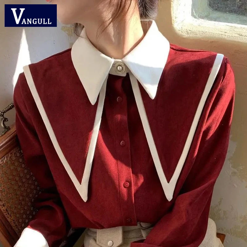 

Vangull Fashion Patchwork Chiffon Shirts Women Elegant Loose Long Sleeve Single Breasted Turn-down Collar Tops Spring Blouses