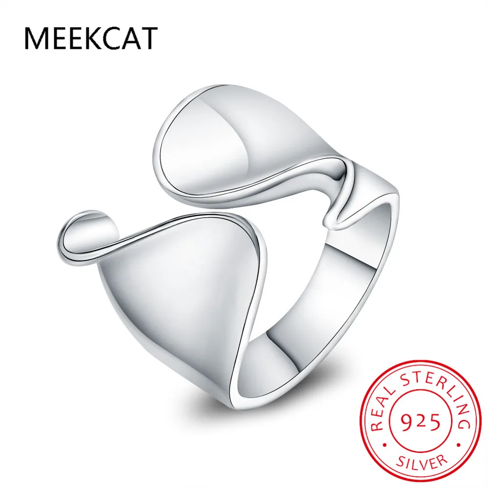MEEKCAT Real 925 Sterling Silver Minimalist Wave Wide Opening Ring For Fashion Women Party Elegant Lines OL Fine Jewelry Gift | Украшения и