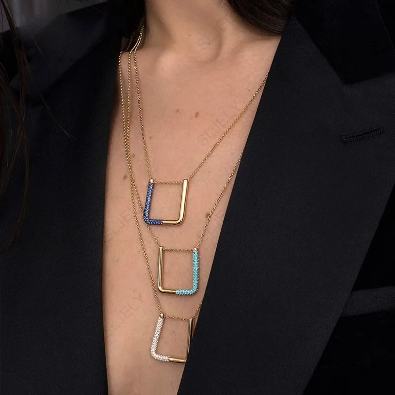 SLJELY Fashion 100% Real 925 Sterling Silver Lagoon Blue Zircon Square Geometric Pendant Necklace Adjustable Chain Women Jewelry | Украшения