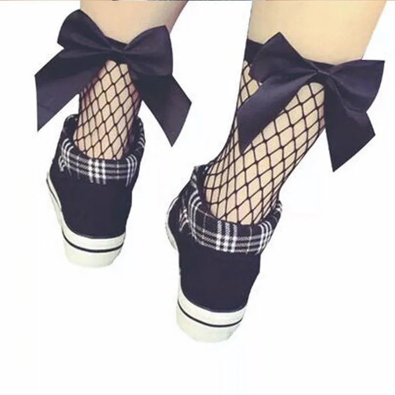 Calcetines de malla con lazo para ni&ntilde;as, medias de rejilla hasta el tobillo, de encaje alto, Estilo Vintage, talla &uacute;nica, 1 par-3