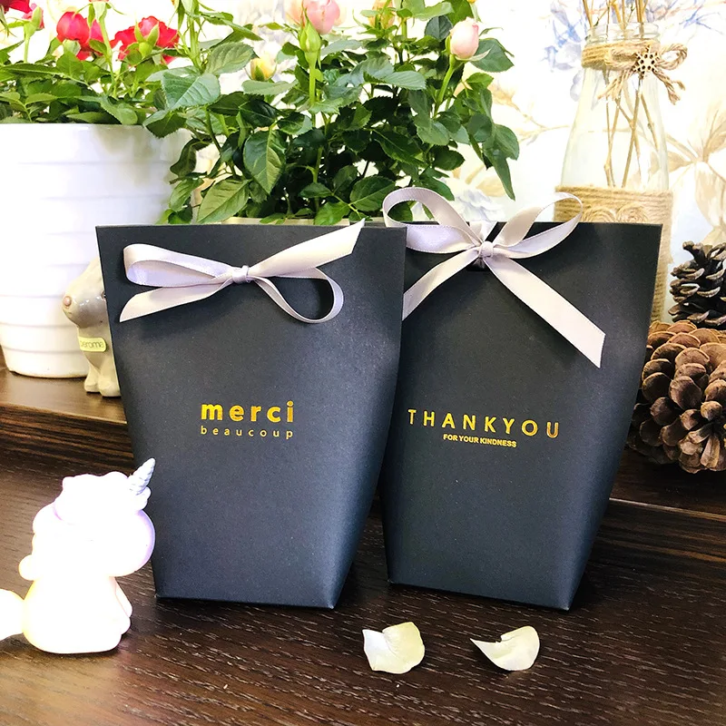 

5pcs Thank You Merci Gift Boxes Black White Kraft Paper Box Small Goodie Cookie Candy Package Bags Wedding Birthday Party Favor