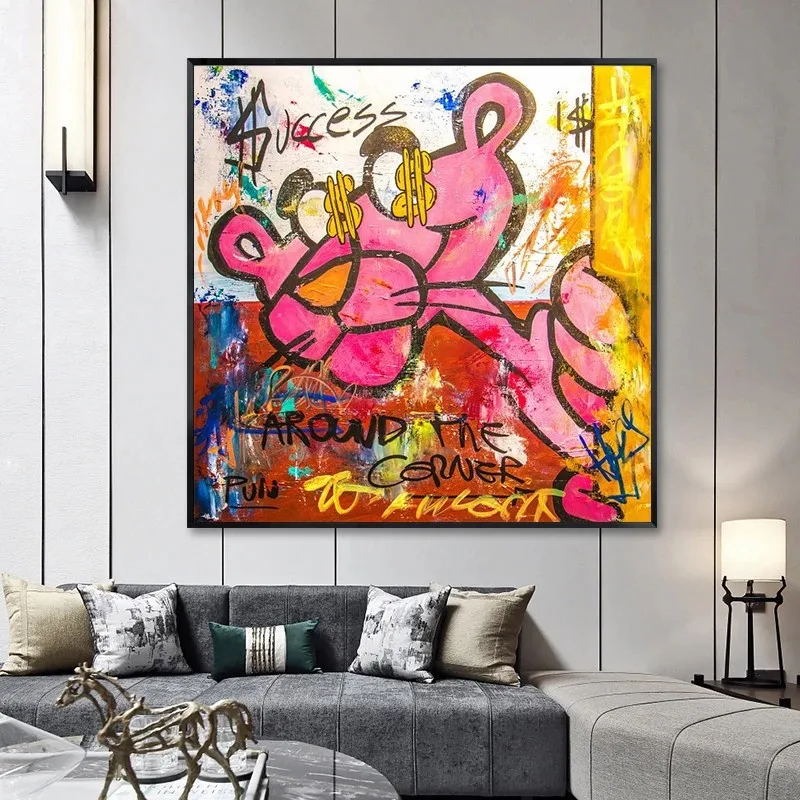 

Disney Cartoon Anime Posters and Prints Graffiti Art Pink Panther Love Money Painting Canvas Wall Art Pictures Kids Room Decor