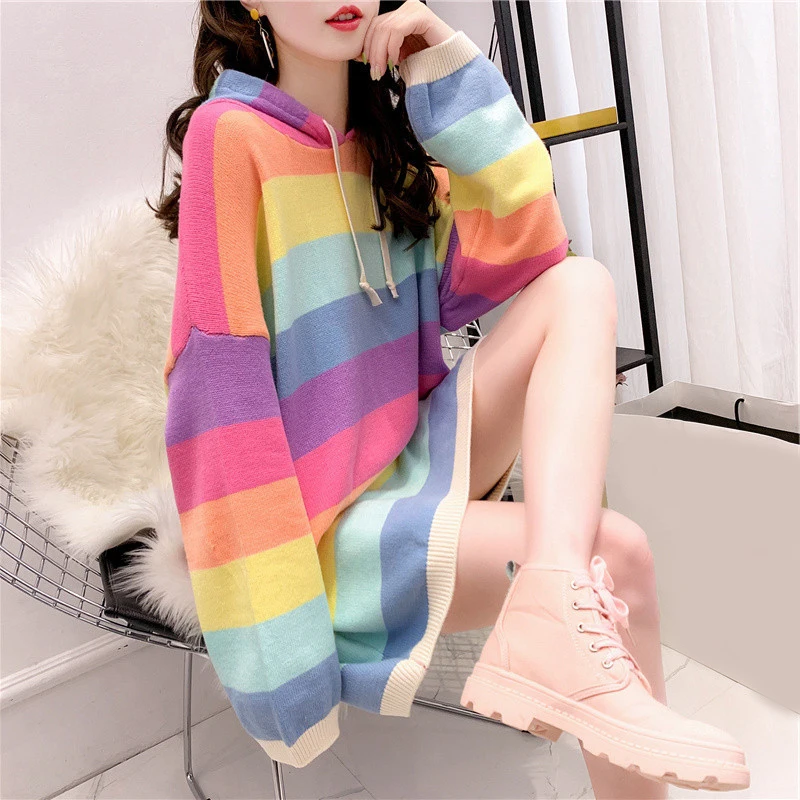 Женский милый полосатый свитер шикарные пуловеры с радугой милые капюшоном Sueter