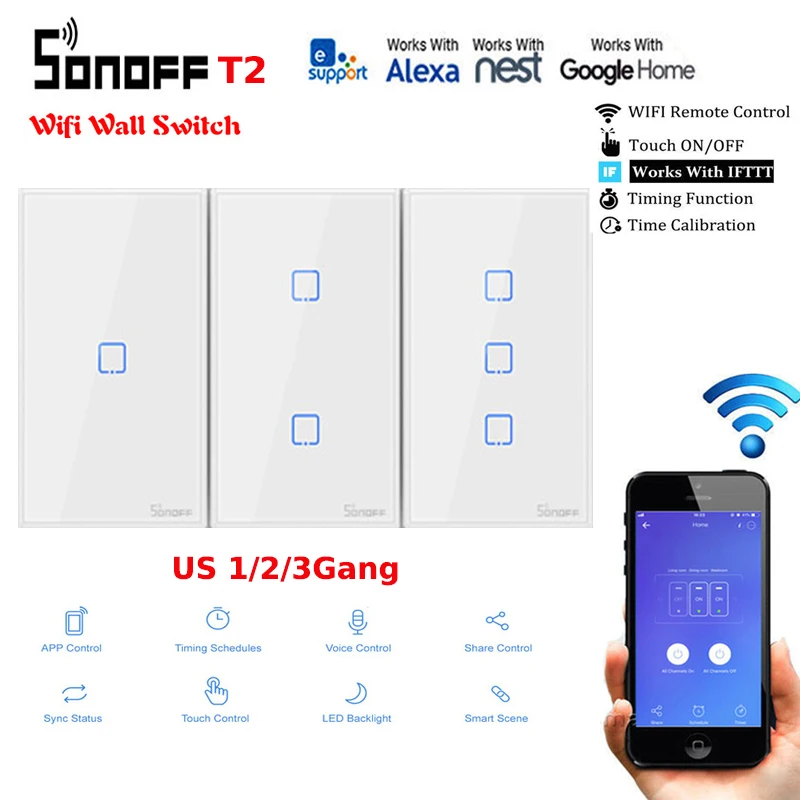 Ewelink Sonoff T2 US 3 банды стандарт США WiFi 433mhzRF умный настенный сенсорный выключатель света, совместимый с Amazon Alexa Google Home Nest