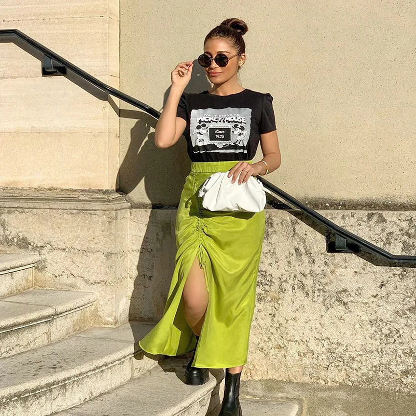 Женская атласная юбка Длинная с разрезом необычной складкой и завышенной талией