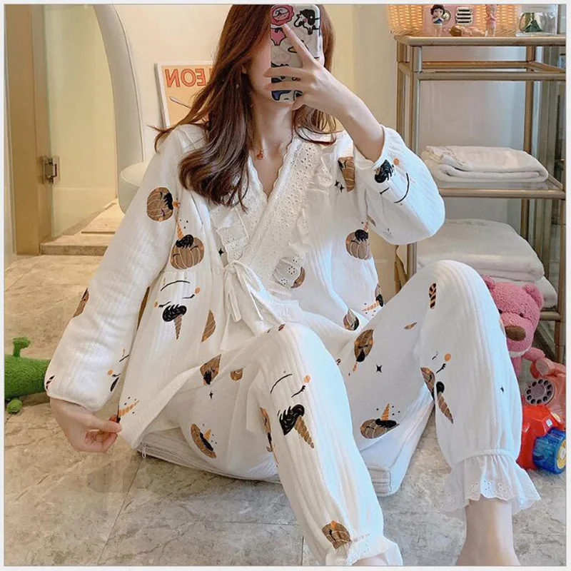 Осенняя хлопковая пижама с длинным рукавом для беременных 2 шт./компл. одежда сна