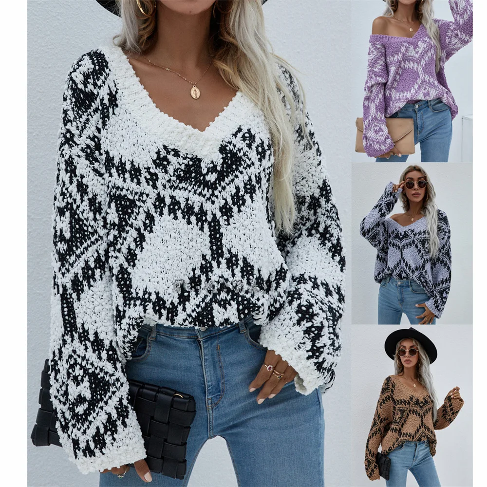 

V-Neck Long Sleeve Loose Large Size Knitted Pullover Winter Preppy Style Girl Padded Top 2021 New Autumn Women Fashion Clothes
