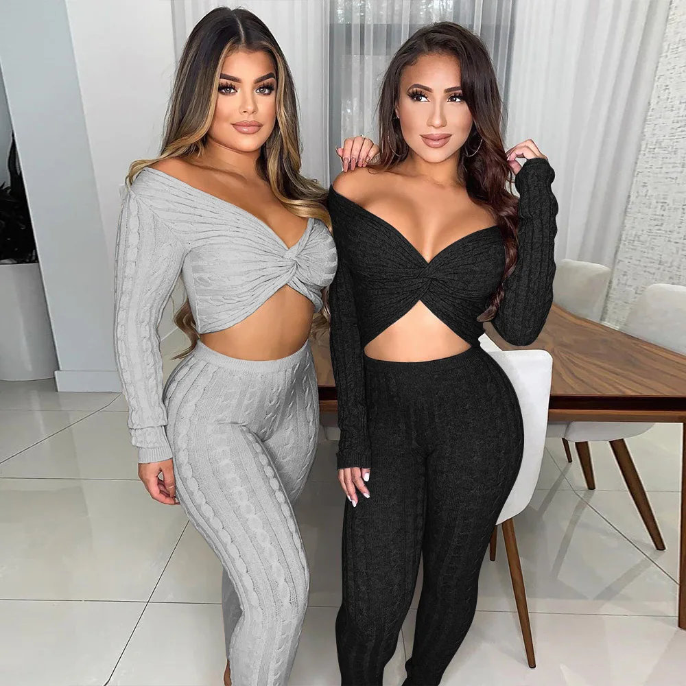 

PLSW Two 2 Piece Sets Casual Streetwear Women Solid color Sexy V Neck Crop Top Skinny Pants Suits Knitting Matching Sets
