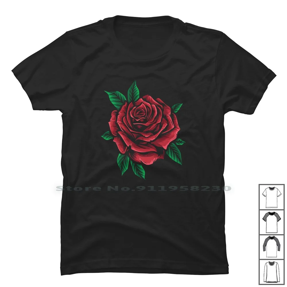 Красная роза вектор с листьями Футболка 100% хлопок красная мультфильм кино комикс