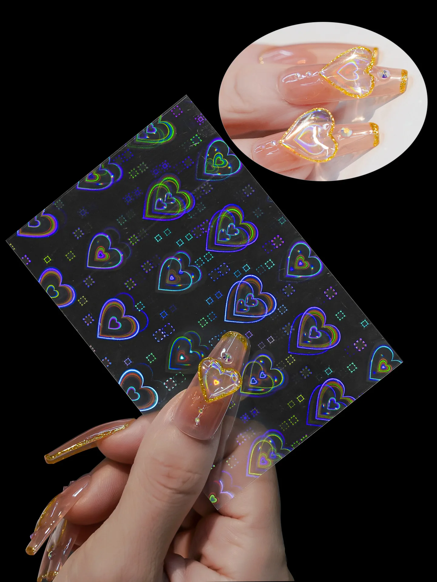 

2021 New Trendy Aurora Laser Heart Nail Art Sticker 3D Dynamic Nail Glass Nail Adhesive Decals Manicure DIY Metal Nails Design