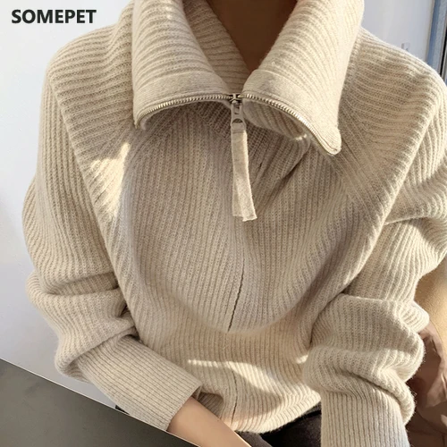 

Корейский шикарный свитер с отложным воротником на молнии, женские свободные повседневные Простые универсальные кардиганы, однотонная теп...