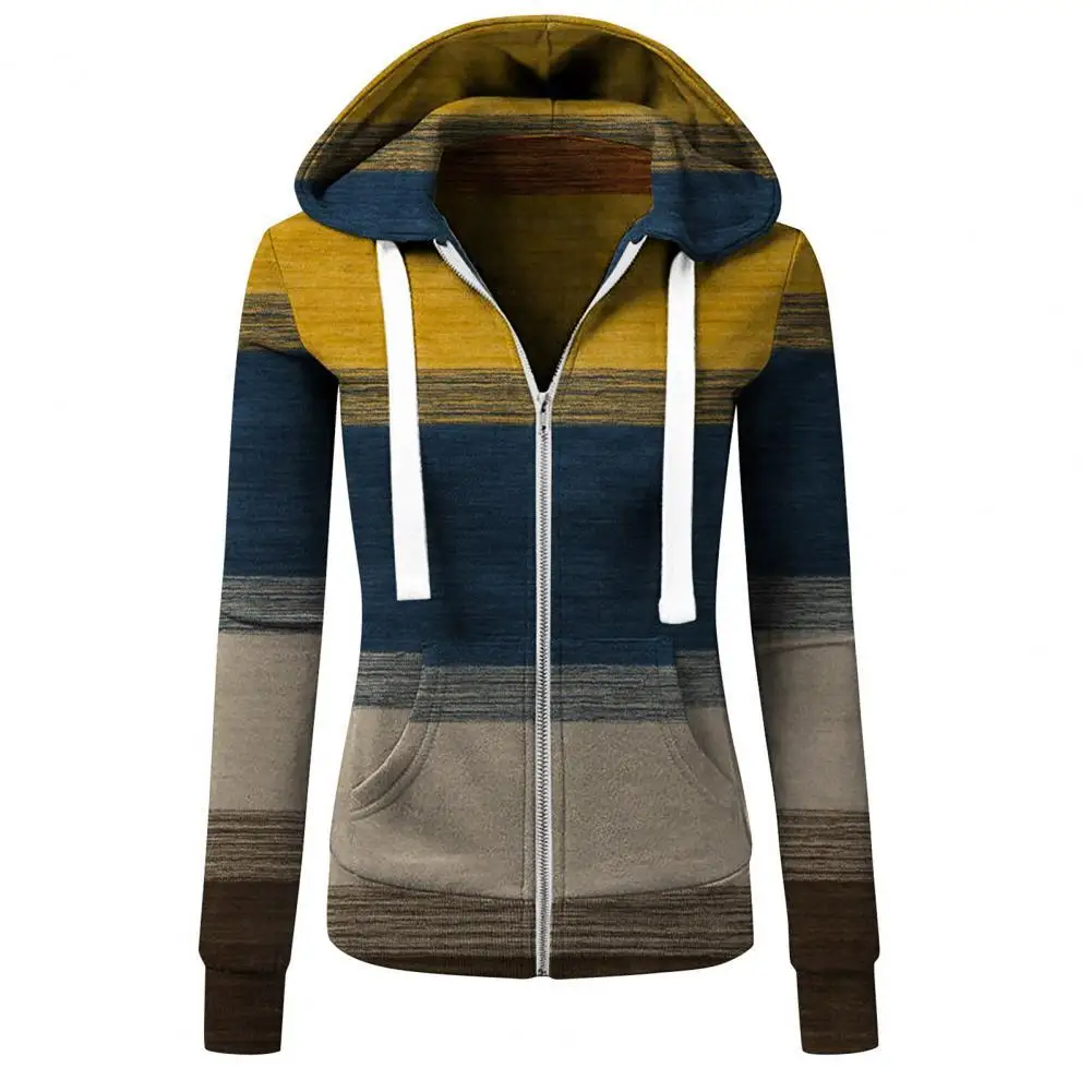 

Women Coat Retro Colorful Striped Print Hooded Sweatshirt 2021 Autumn Winter Fashion Drawstring Tops Pocket Hoodie Streetwear