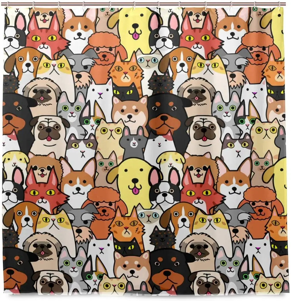 

Dogs and Cats Faces Home Decorations Waterproof Polyester for Bathroom Shower Curtain Set with Hooks