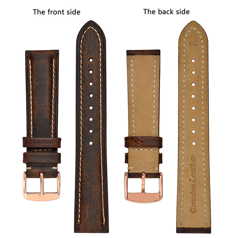 BISONSTRAP Crazy Horse Leather Watch Strap 14mm~24mm Retro Vintage Replacement Belt Rose Gold Buckle,Band for Men an