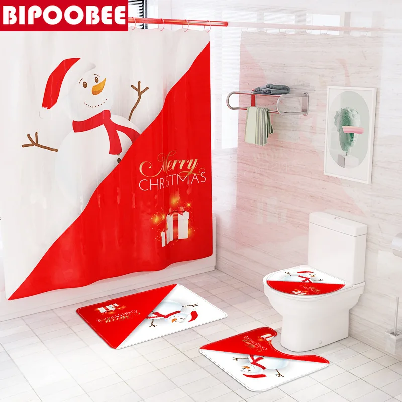 

Merry Christmas Shower Curtain Set Non-Slip Rugs Snowman Red Bathroom Decoration Festival Bathtub Curtains Bath Mat Toilet Cover
