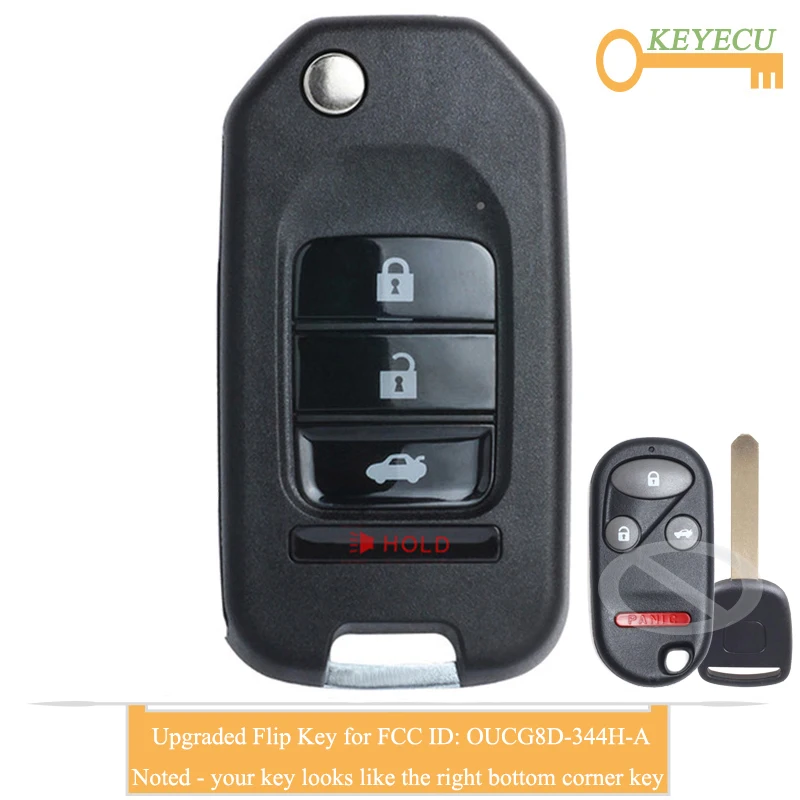 Ключ для автомобиля с дистанционным управлением KEYECU Upgraded Flip для Honda CR-V 2002 2003 2004 Fob 4 кнопки - 313,8 МГц T5 Chip OUCG8D-344H-A on.