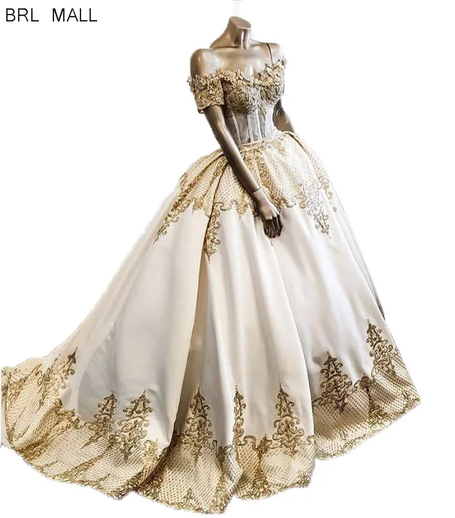 

Robes de marie 2020 African Gold Appliques Wedding Dresses Ball Gown Satin Long Bridal Dress Vestido de novia Wedding Gowns