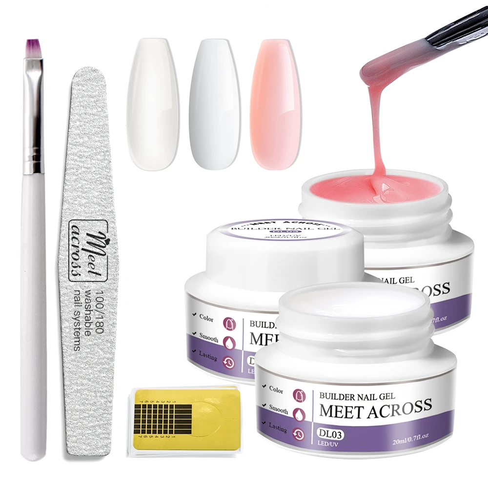 

MEET ACROSS Nail Gel Extension for Finger Extend Clear Pink Acrylic Gel Nail Art Forms French Tips Brush Nail File Tool Manicure
