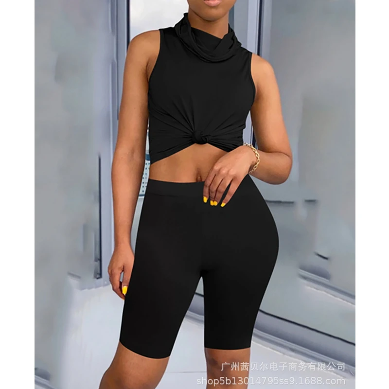 

WEPBEL Women's Sexy Solid Color Slim Fit Sports Suit Summer High Waist Pencil Shorts + Sleeveless Turtleneck Short Vest Suit