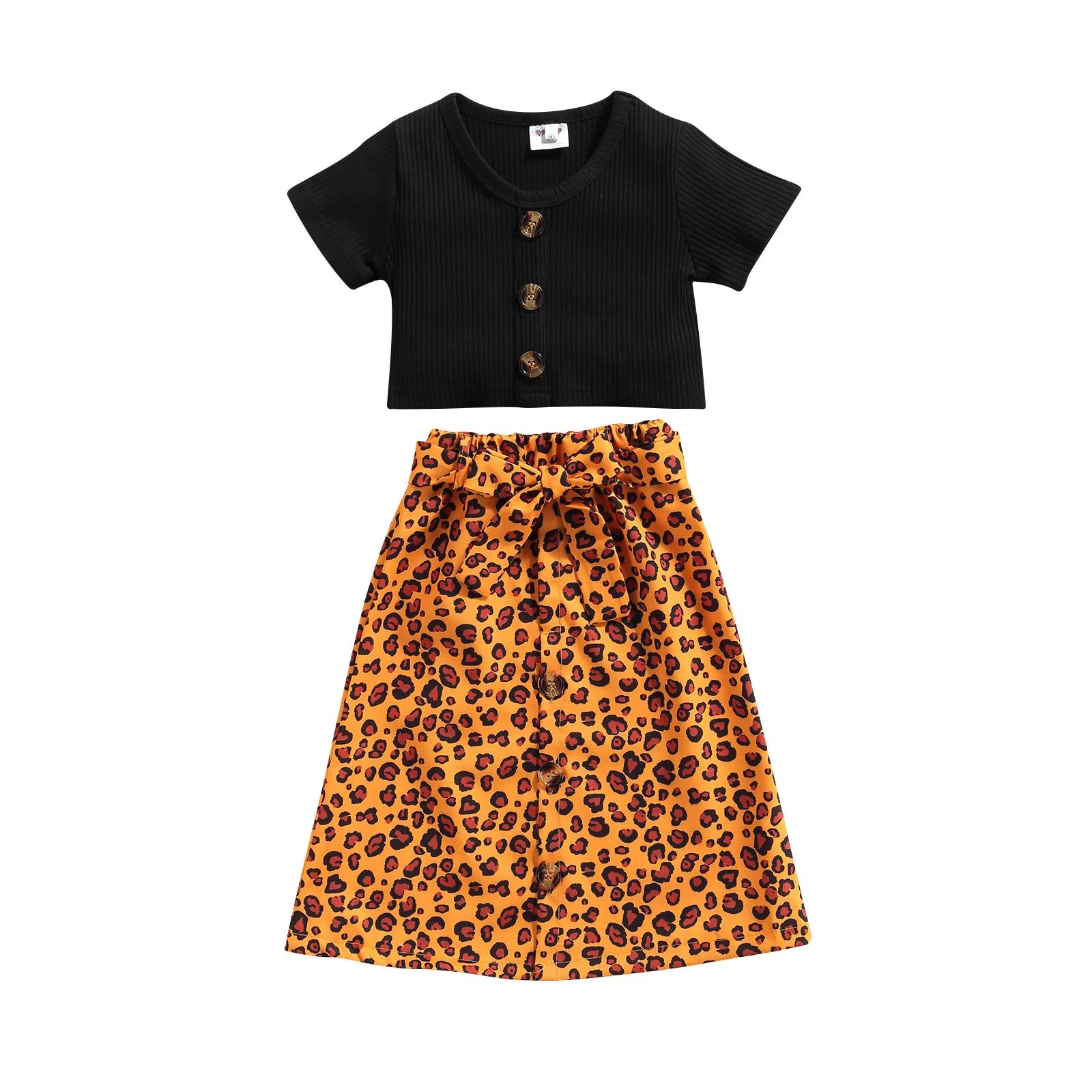 

Kid Short Sleeve Tops Leopard Print Skirt High Waist Bow Summer Clothing