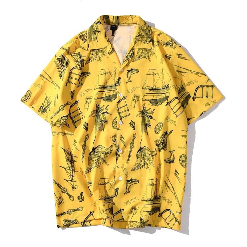

#7210 Yellow Streetwear Hip Hop Shirts For Men Loose High Quality Fashion Mens Printed Shirt Summer 2020 Beach Shirt Man Retro