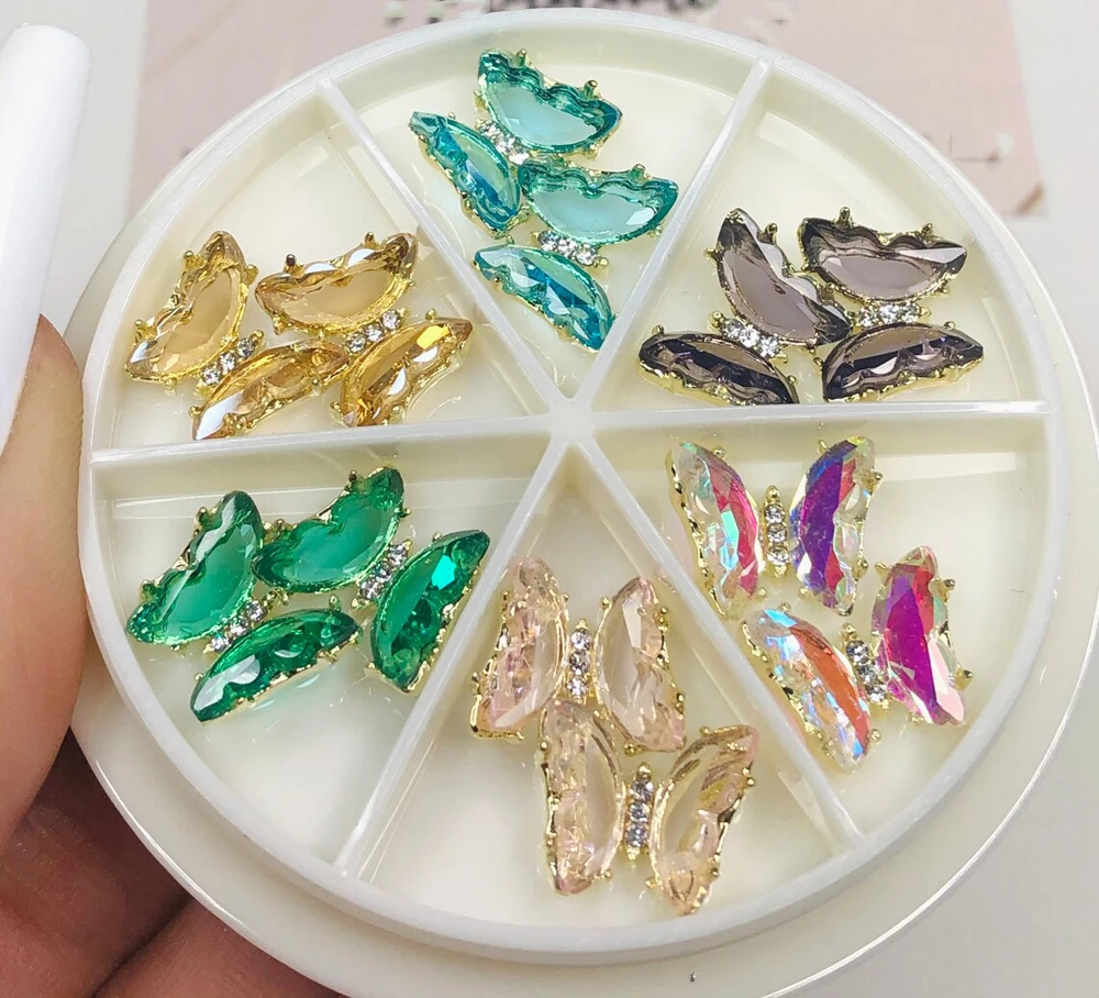 

12Pcs/Box 3D Butterfly Nail Art Charms Aurora Glass Crystal Nail Decor Gold Border AB Manicure Rhinestone Accessories 10*12mm&*…