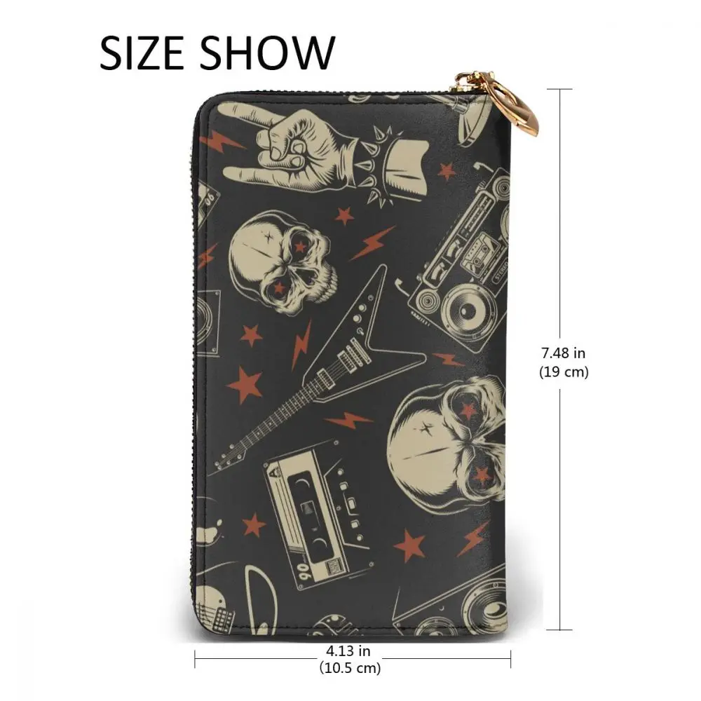 

Skull Musical Electric Guitar And Cassette Long Wallet with Credit Card Slots ID Holder Checkbook Organizer Zipper Coin Purse