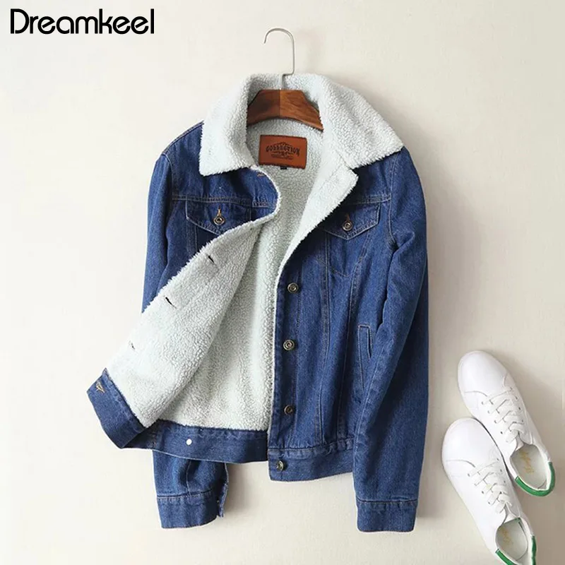 Женское джинсовое пальто из овечьей шерсти теплое с длинными рукавами и 4