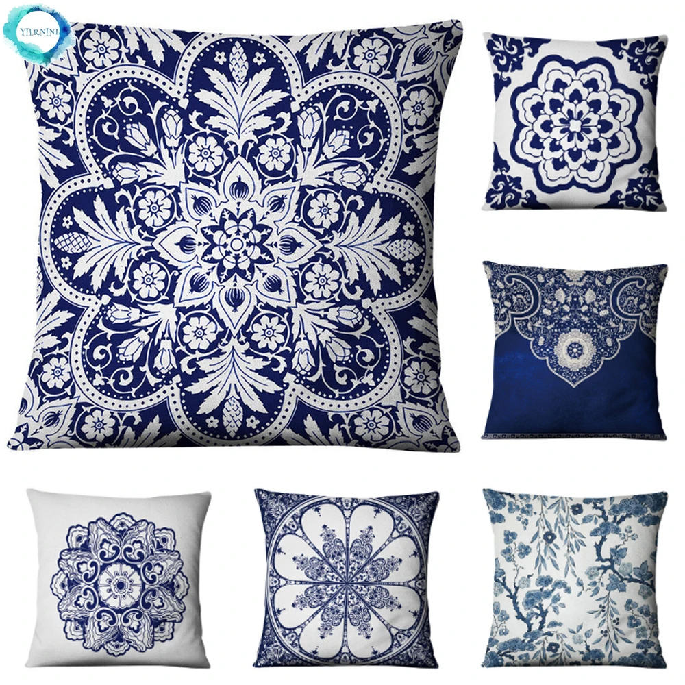 

Blue and White Porcelain Decorative Throw Pillow Case Chinese Style Mandala Cotton Linen Cushion Cover Sofa Chair Home Decor