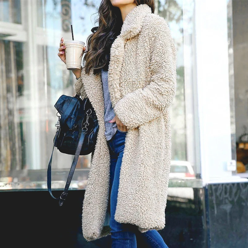 Women Winter Suede Jacket 2019 Fashion Teddy Bear Caramel Long Coat Female Sleeve Faux Fur Fluffy Outerwear | Женская одежда