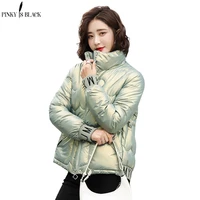 pinkyisblack short style cotton padded winter jacket women casual stand collar parkas winter coats female fashion shiny outwear