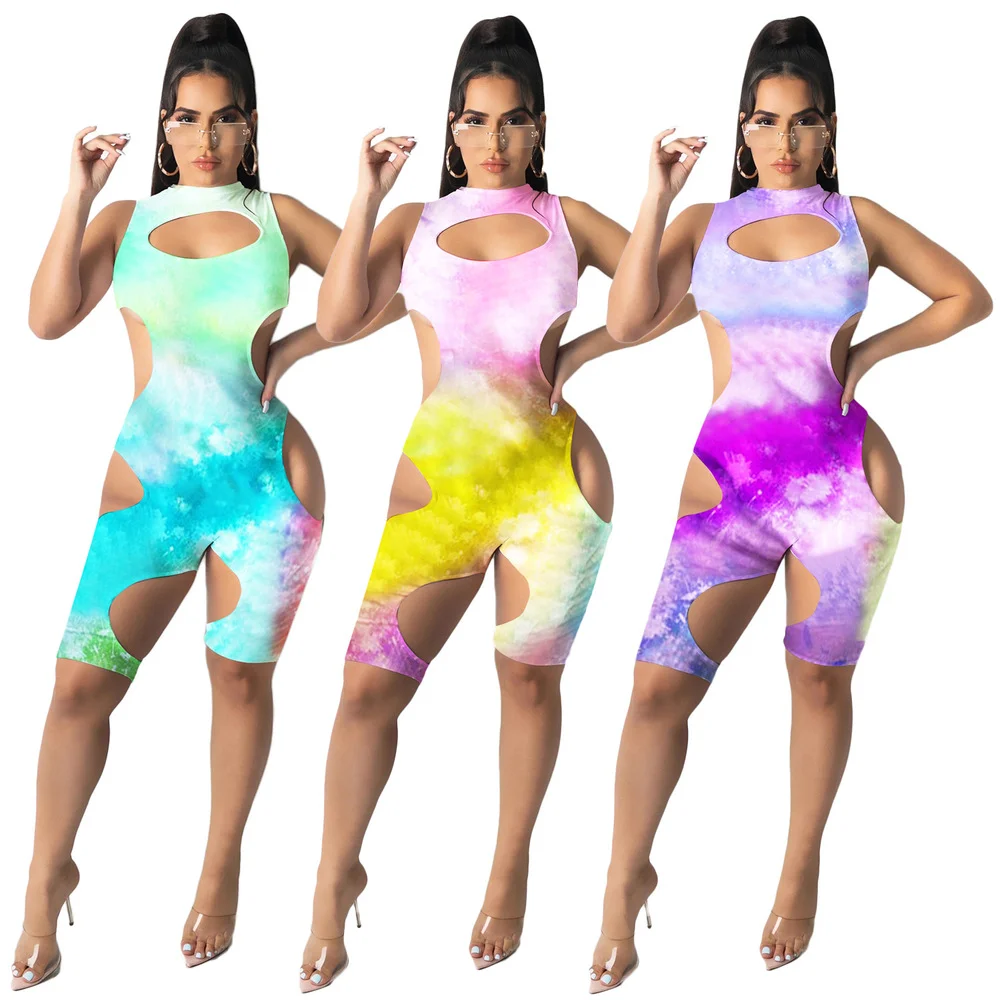 

Sexy Tie Dye Hollow Out Bodycon Playsuit Sleeveless Short Rompers for Women Summer Vacation Clothes One Piece Night Club Outfit