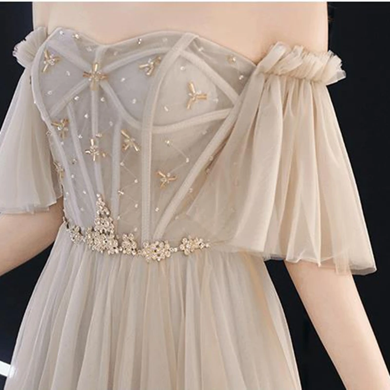

Evening Dress Elegant Banquet illusion Evening Gown Slash neck Brilliant Birthday Party Formal Dress Asian Women Prom Dresses