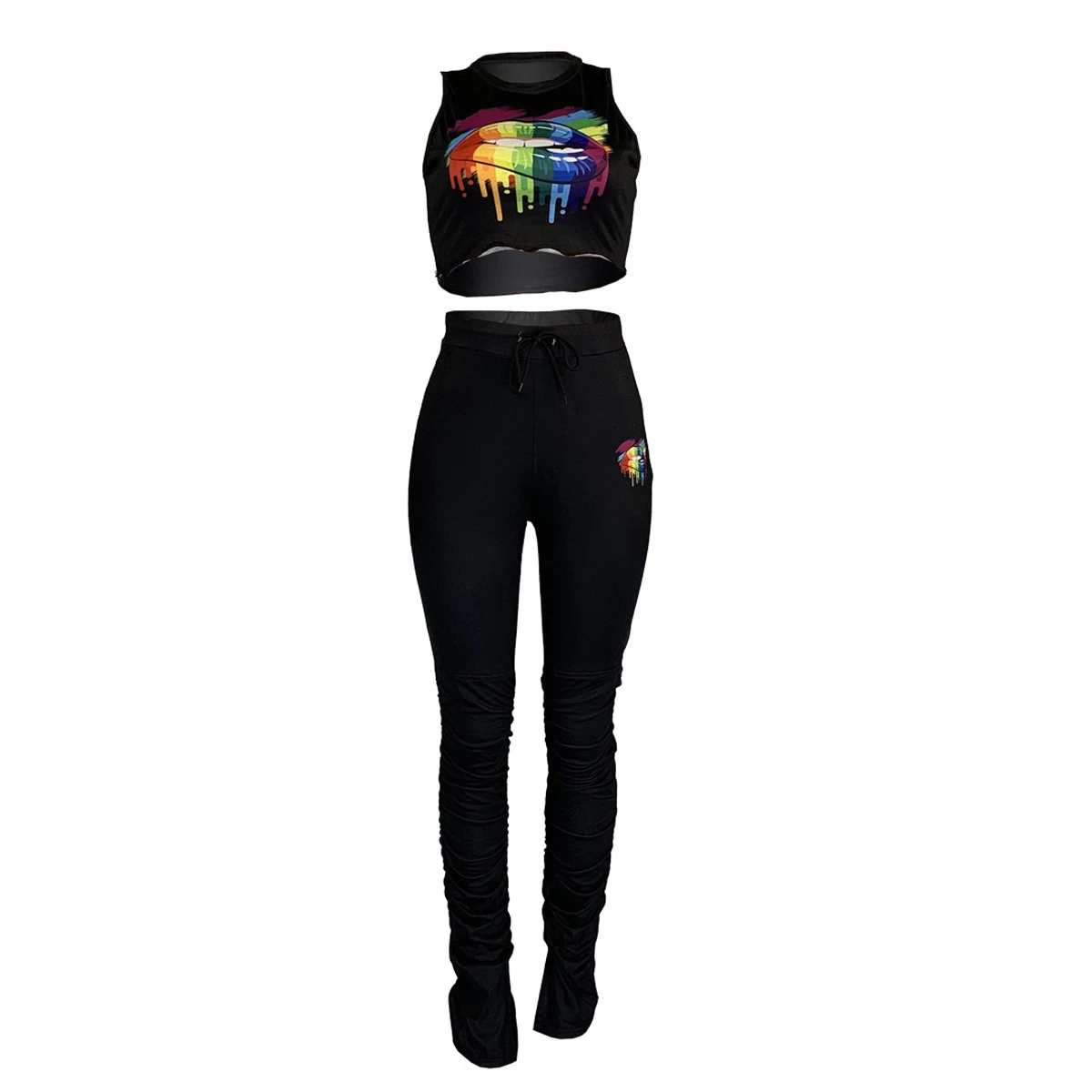 Женский комплект из 2 предметов Модный укороченный топ без рукавов с принтом губ +