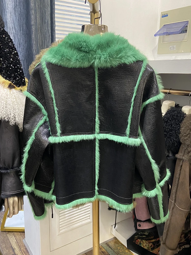 2021 Winter Women Green Color Real Skin Rabbit Fur Inner Warm Short Fashion Jackets Real Rabbit Fur Collar Ladies Outwear