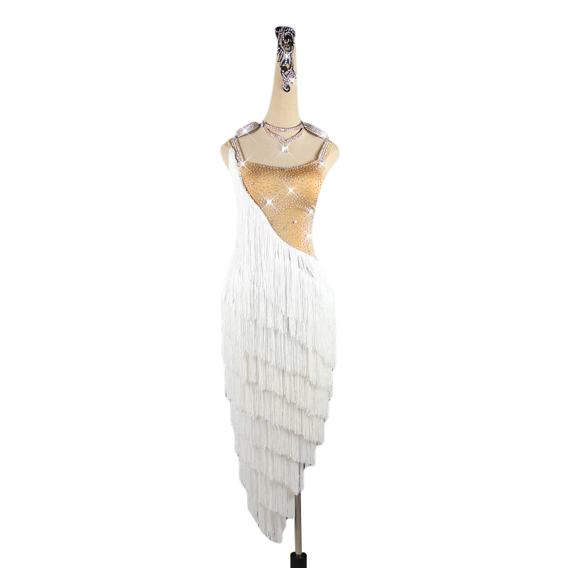 

Latin Dance Dress White Fringe Dress Female Dance Clothes Girls Competition Dress Rumba Dancewear Party Dance Performance Skirt