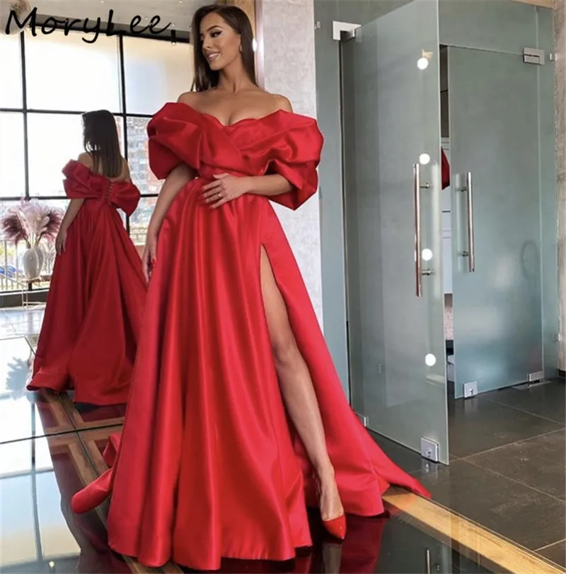 

Prom Dresses Red Off The Shoulder Side Slit High Quality Satin Pleated Prom Dresses Zipper Back vestidos de fiesta de noche