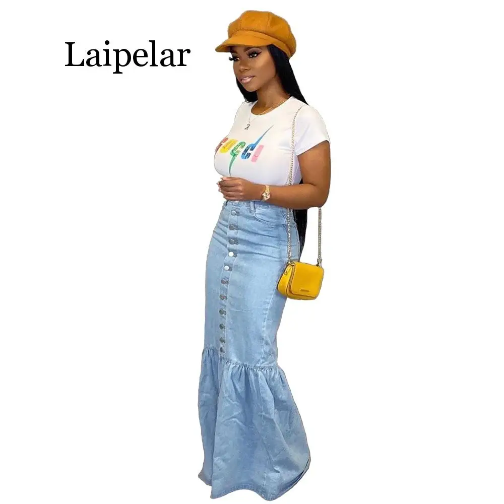 Женская длинная юбка голубая джинсовая облегающая на пуговицах с высокой талией