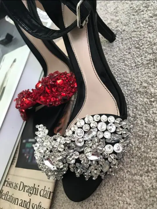 as picture Sexy Red Rhinestone Butterfly-knot Women Sandals Open Toe Suede Thin Heel Wedding Shoes Bride Ankle Strap Crystal Summer Sandals - Цвет: as picture