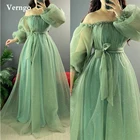 Платье-трапеция вечернее, зеленое, с открытыми плечами, с пышными длинными рукавами, с драпировкой, размера плюс, 2021