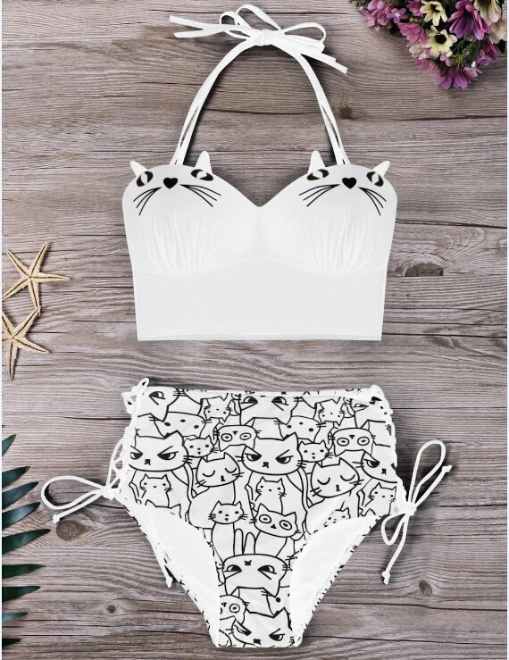 Новый женский Ретро купальник с высокой талией бандажный бретелькой через шею